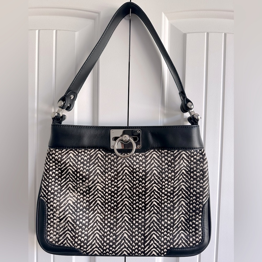 Ann Taylor Black Leather Shoulder Bag Animal Zebra Print